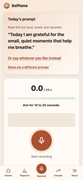 Recording screen showing today’s positive sentence and a large record button.
