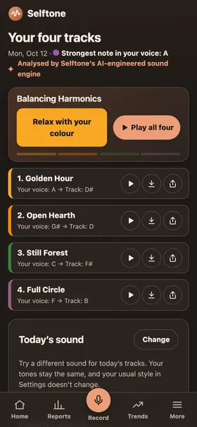 Results screen with the twelve-note colour map and four personal tracks ready to play.