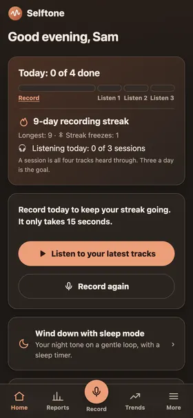 Today screen with a streak counter, today’s progress toward three listening sessions and a button to record.