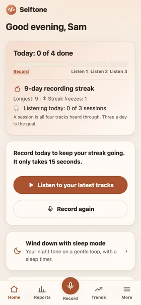Today screen with a streak counter, today’s progress toward three listening sessions and a button to record.