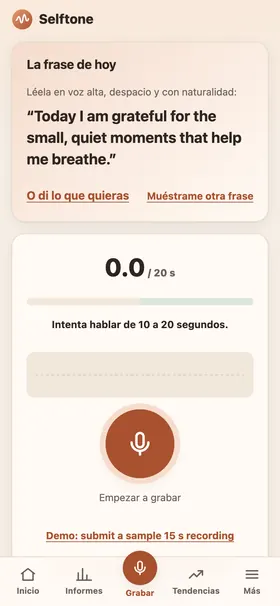 Pantalla de grabación con la frase positiva de hoy y un botón grande para grabar.