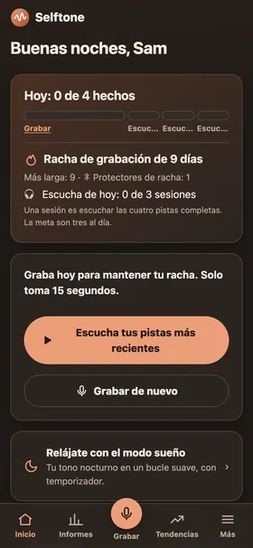 Pantalla de hoy con un contador de racha, el progreso de hoy hacia tres sesiones de escucha y un botón para grabar.