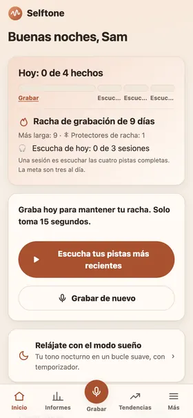 Pantalla de hoy con un contador de racha, el progreso de hoy hacia tres sesiones de escucha y un botón para grabar.