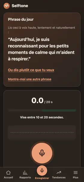 Écran d’enregistrement affichant la phrase positive du jour et un grand bouton d’enregistrement.