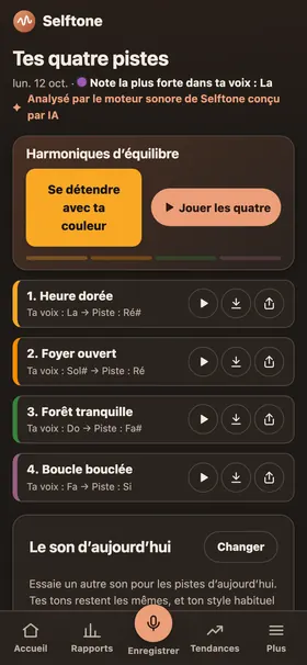 Écran des résultats avec la carte des douze notes en couleur et quatre pistes personnelles prêtes à écouter.