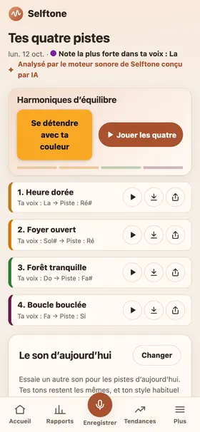 Écran des résultats avec la carte des douze notes en couleur et quatre pistes personnelles prêtes à écouter.